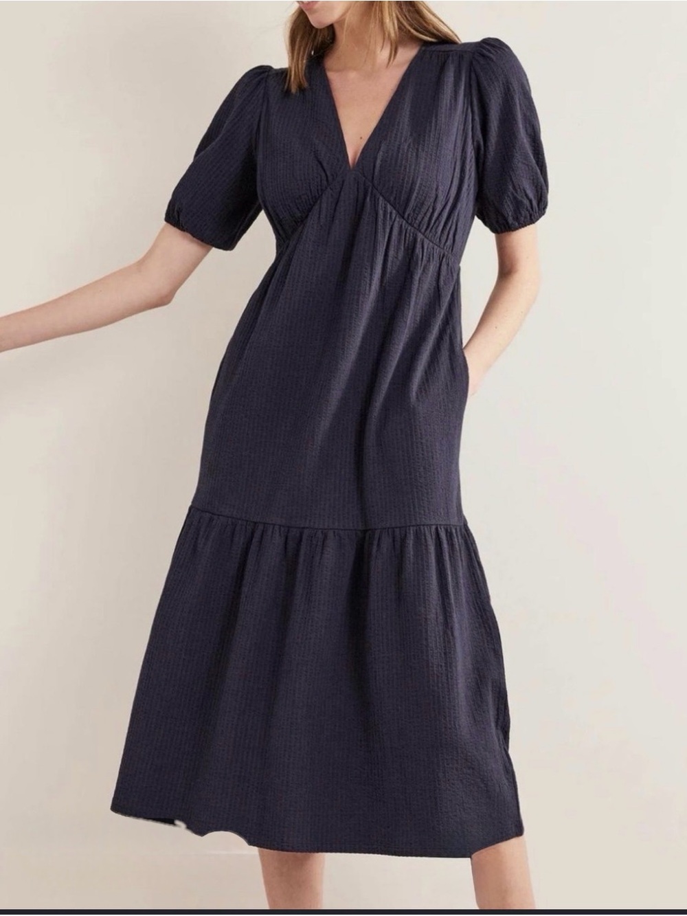 Boden Navy Textured V-Neck Midi Dress with Puff Sleeves
